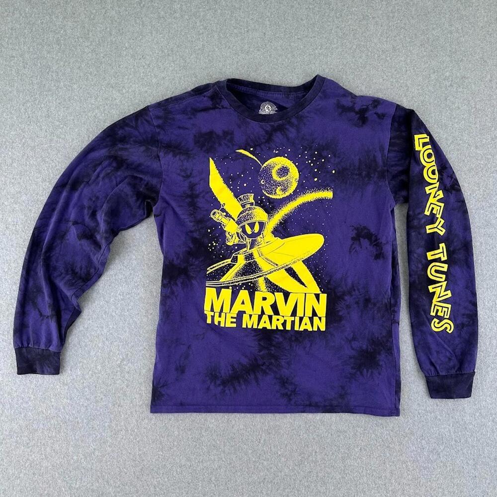 Looney Tunes Marvin the Martian Long Sleeve T Shirt L Purple Yellow‎ Acid Wash